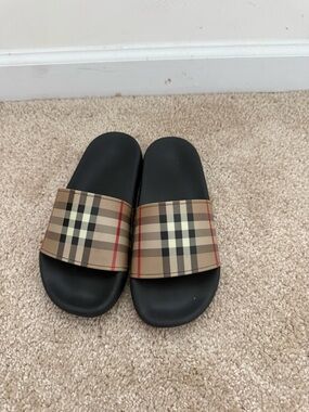 Burberry Black Slides with Beige/Tan Check Strap